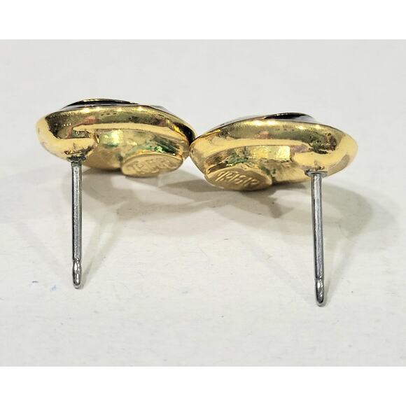 Signed Trifari Vintage Black Enamel Gold Earrings Pierced Classic Swirl - Picture 5 of 8